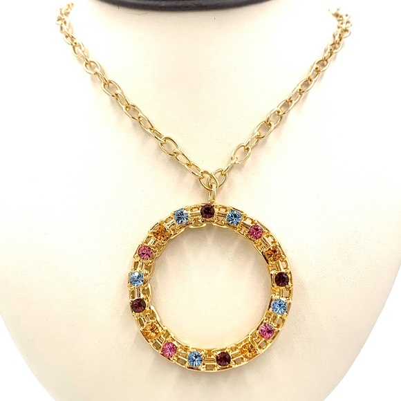CAT DEELEY MODERN VINTAGE NECKLACE GOLD TONE RHINESTONE CIRCLE PENDANT - Picture 3 of 9